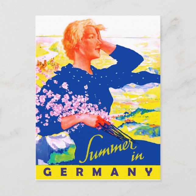 Carte Postale Femme en robe bleue sur le champ d'été en Allemagn (Devant)