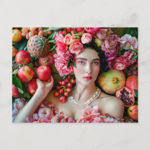 Carte Postale Femme en robe fleurie avec présentoir de fruits