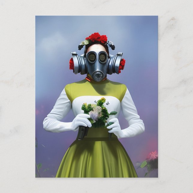 Carte Postale Femme en robe verte et blanche et masque à gaz  (Devant)