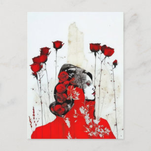 Carte Postale Femme en rouge avec des roses rouges