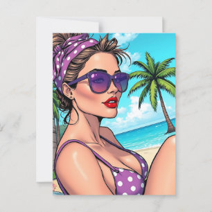 Carte Postale Femme en violet Polka Dot Bikini sur la plage