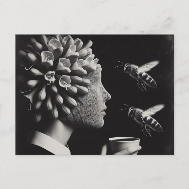 Carte Postale Femme et abeilles en tête de fleur surréelle (Devant)
