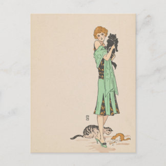 Carte postale - femme et chats - Artiste français