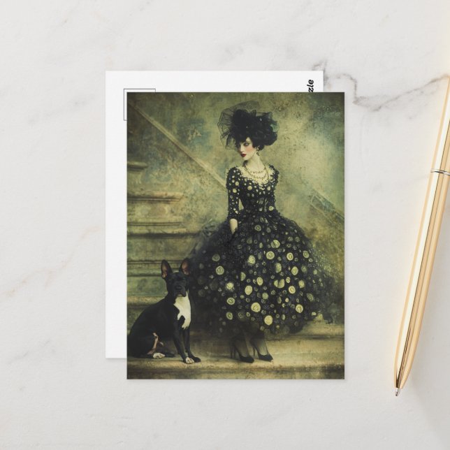 Carte Postale Femme et chien dans l'escalier (Devant/Arrière en situation)