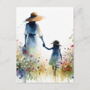 Carte Postale Femme et enfant avec fleurs Floral Fête des mères
