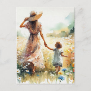 Carte Postale Femme et enfant dans un champ de fleurs Fête des M