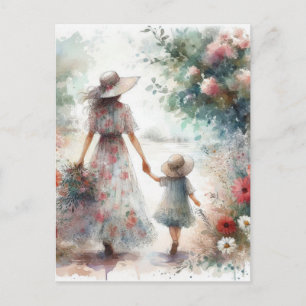 Carte Postale Femme et enfant dans un jardin de fleurs pour la f