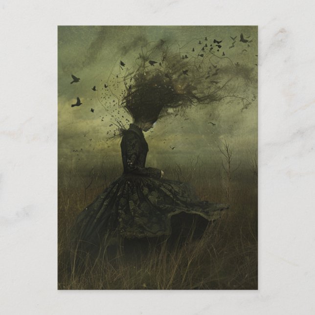 Carte Postale Femme et oiseaux Imaginaire noir (Devant)