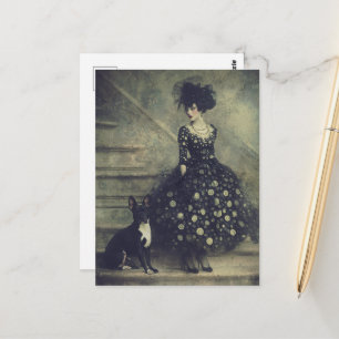 Carte Postale Femme et un chien mignon dans l'escalier
