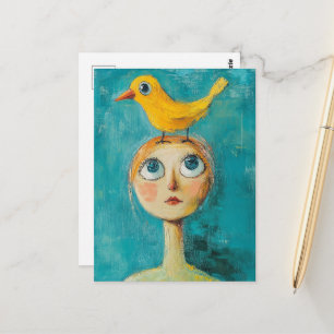 Carte Postale Femme fantaisiste avec oiseau jaune sur la tête