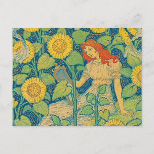 Carte Postale Femme-fille de fleurs dans le jardin de tournesol
