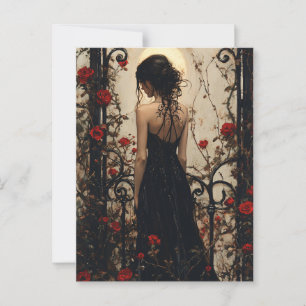 Carte Postale Femme gothique en robe noire parmi les roses rouge