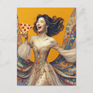 Carte Postale Femme Heureuse Avec Pizza Colorful Unique