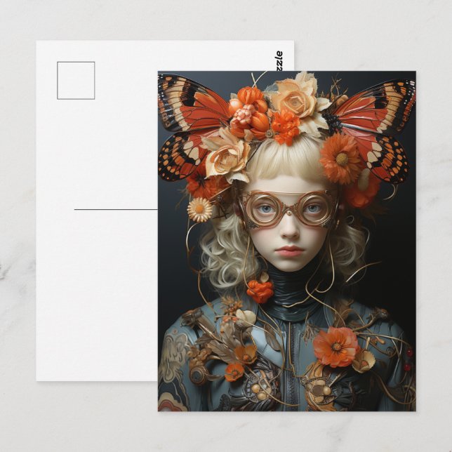 Carte Postale Femme Imaginaire aux papillons orange (Devant / Derrière)