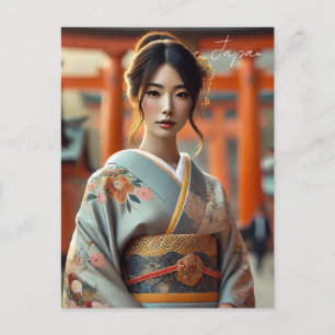 Carte Postale Femme japonaise en Kimono Torii traditionnel