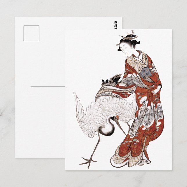 Carte Postale Femme japonaise et grue (18ème siècle) (Devant / Derrière)