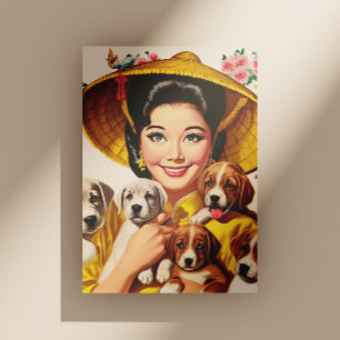 Carte Postale Femme Japonaise Vintage et Chiots