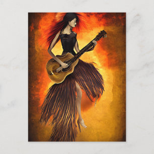 Carte Postale Femme Jouer de la guitare rouge ciel Abstrait art 