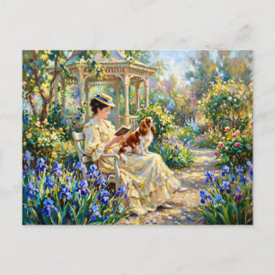 Carte Postale Femme lisant dans un jardin avec un Cavalier King