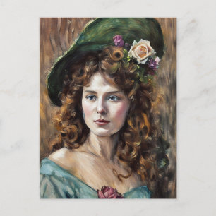 Carte Postale Femme magnifique avec chapeau fleuri dessin pastel