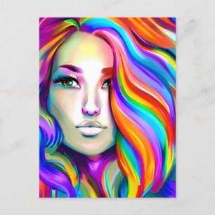 Carte Postale Femme moderne rétro avec les cheveux arc-en-ciel