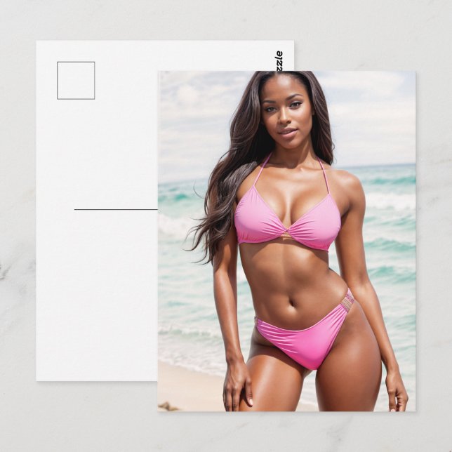 Carte Postale Femme Noire En Bikini Rose (Devant / Derrière)