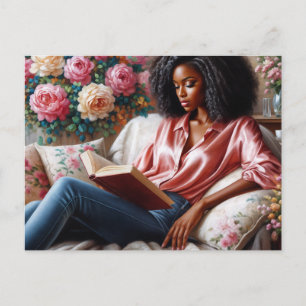Carte Postale Femme Noire En Lecture Rose Art Floral