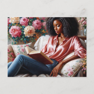 Carte Postale Femme Noire En Lecture Rose Art Floral