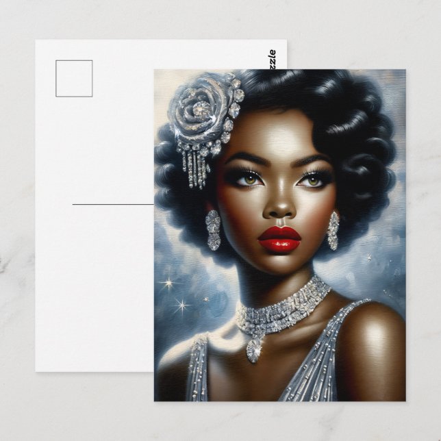 Carte Postale Femme Noire En Portrait De Glamor Argent (Devant / Derrière)