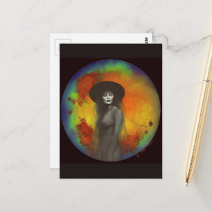 Carte Postale Femme noire et blanche avec un fond coloré