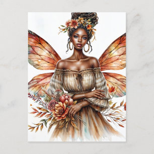 Carte Postale Femme noire Fée avec Aquarelle Locale