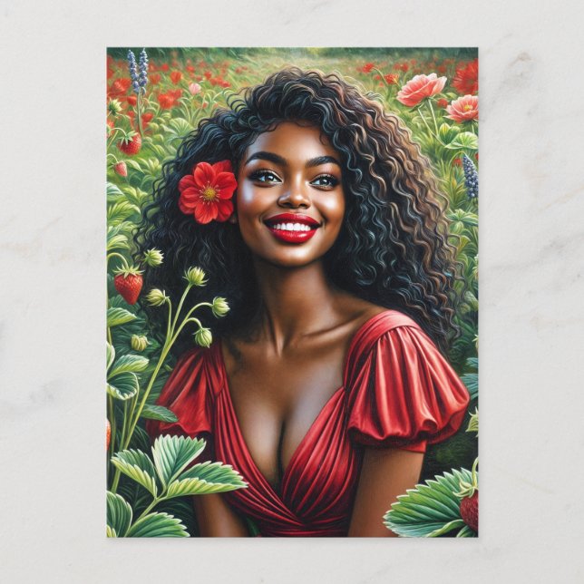 Carte Postale Femme Noire Souriante Dans L'Art Rouge Fraise (Devant)