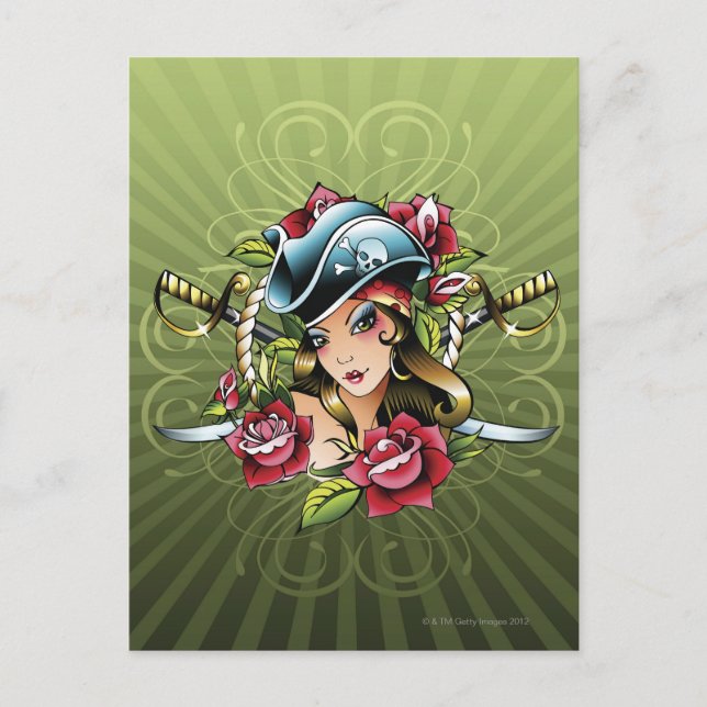 Carte Postale Femme pirate avec roses et épées (Devant)