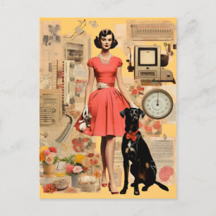 Carte Postale Femme rétro en robe avec chien noir Collage