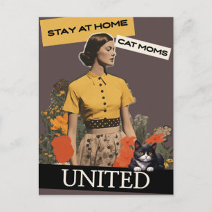 CARTE POSTALE FEMME RÉTRO RESTEZ À LA MAISON MAMAN CHAT UNIE CAR