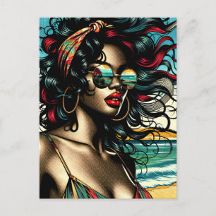 Carte Postale Femme Rétro sur la Plage Style Bande Dessinée Pop 