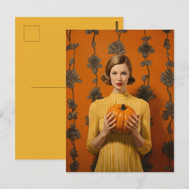 Carte Postale Femme rétro tenant un Citrouille (Devant / Derrière)