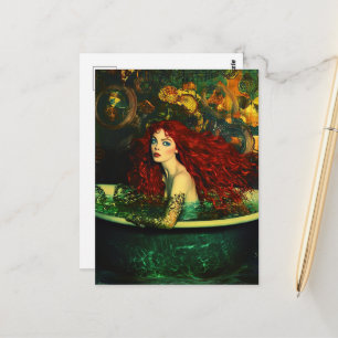 Carte Postale Femme sirène aux cheveux roux dans une baignoire