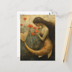 Carte Postale Femme sirène fantastique avec des fleurs