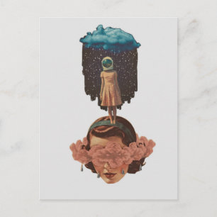 Carte Postale Femme surréaliste avec collage de nuage de pluie