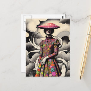 Carte Postale Femme surréaliste avec un chapeau de champignon
