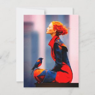 Carte Postale Femme Surréaliste et Oiseau Élégants Cheveux Rouge