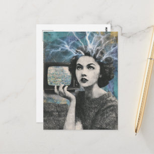 Carte Postale Femme Télévision Rétro Cheveux Choc Surréaliste