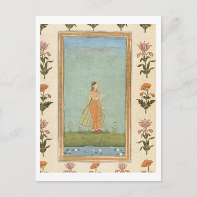 Carte Postale Femme tenant une fleur, debout près d'un étang de  (Devant)