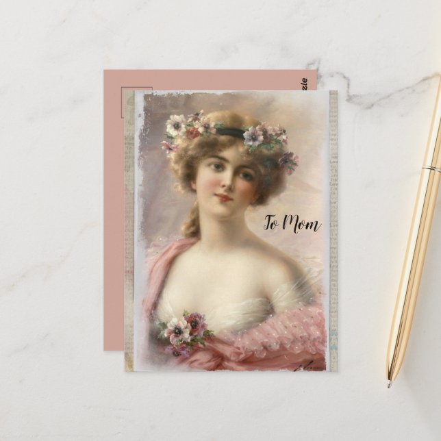 Carte Postale Femme victorienne en détresse avec fleurs sur aqua (Devant/Arrière en situation)
