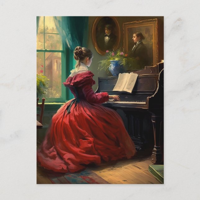 Carte Postale Femme victorienne jouant du piano, peinture à l'hu (Devant)