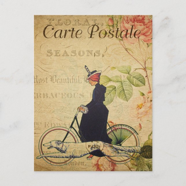 Carte Postale Femme vintage à vélo avec chien Français (Devant)