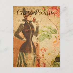 Carte Postale Femme vintage avec Roses rouges Floral Français