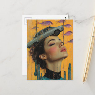 Carte Postale Femme Vintage dans le désert avec poisson et voitu