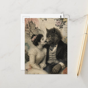 Carte Postale Femme Vintage et Loup-Garou en Collage Amoureux